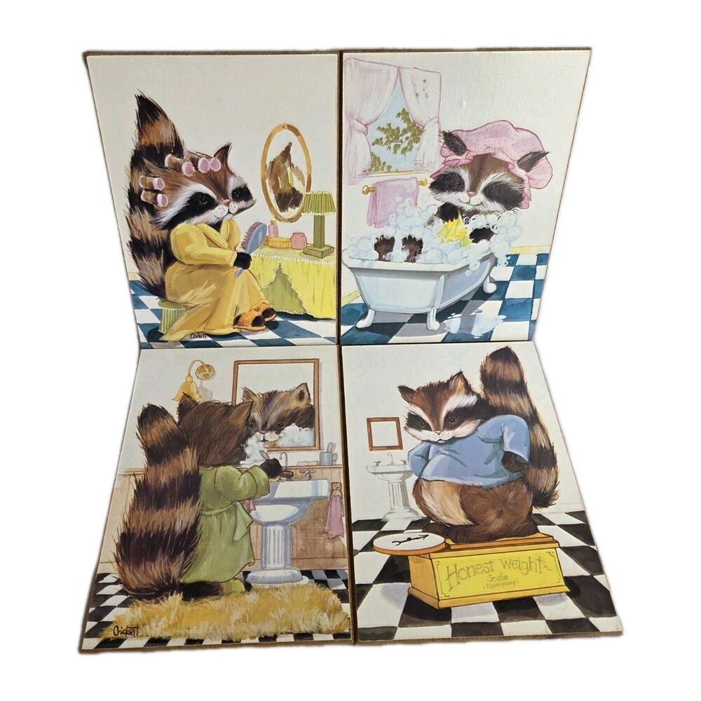 4 VINTAGE 60's RACCOON Pictures BATHROOM Artwork CRICKETT Wood Wall Plaque SET